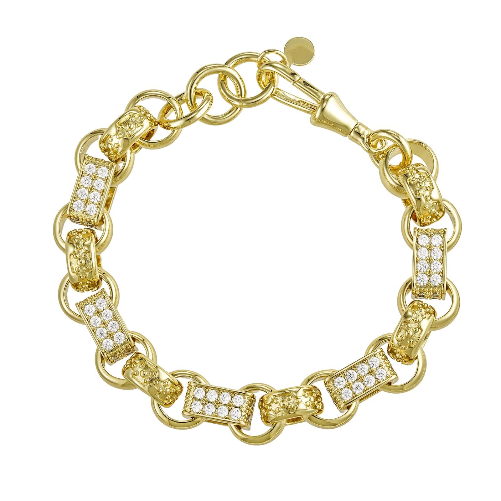 Gold Dipped, CZ Diamonds Diamond Gypsy Link Bracelet 13mm - Gold (Albert Clasp)