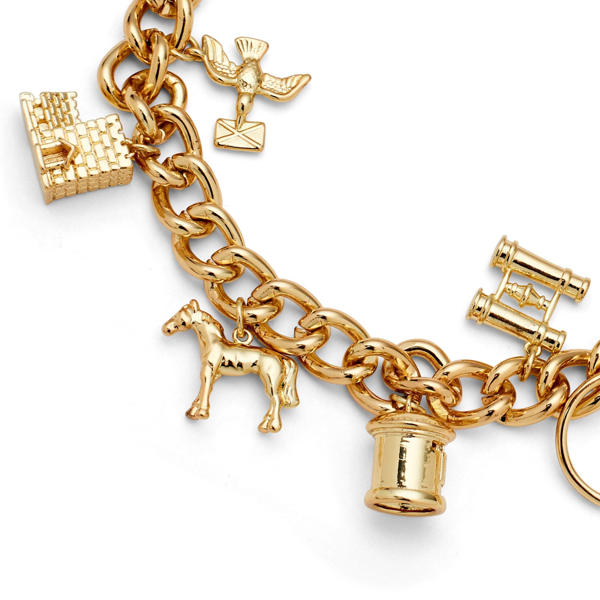 Close-up of Gold Various Charms Bracelet with Heart-shaped Lock